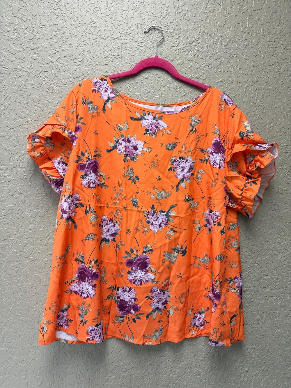 Shein Curve 2X Orange Floral Ruffle Sleeve Blouse NWOT